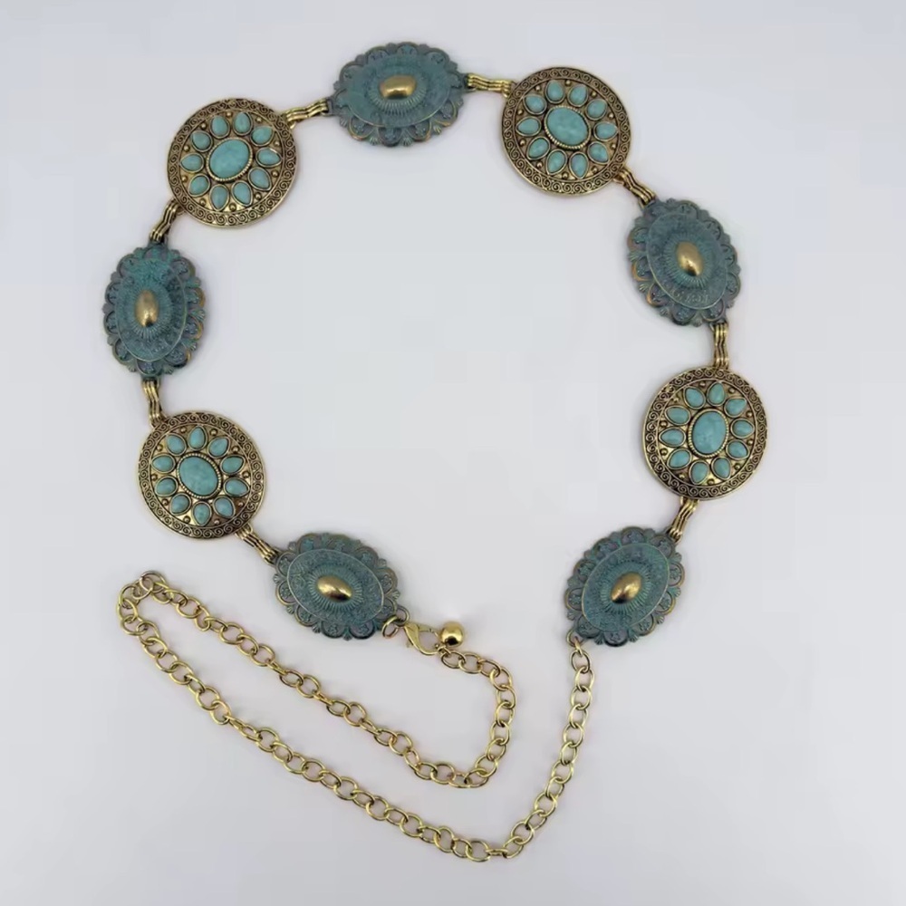 Anthropologie Gold Tone Belt with Turquoise and Teal Medallions